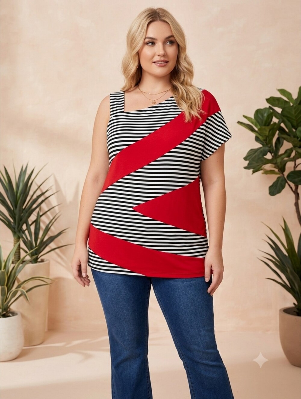 Ashley Stewart Plus Size Horizontal Asymmetrical Colorblock Top